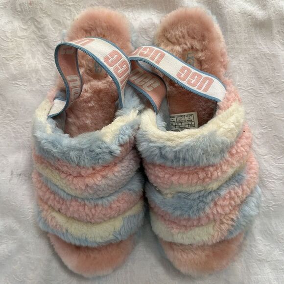 UGG Fluff Yeah Slides Pastel Furry Pink Blue White - Picture 1 of 11